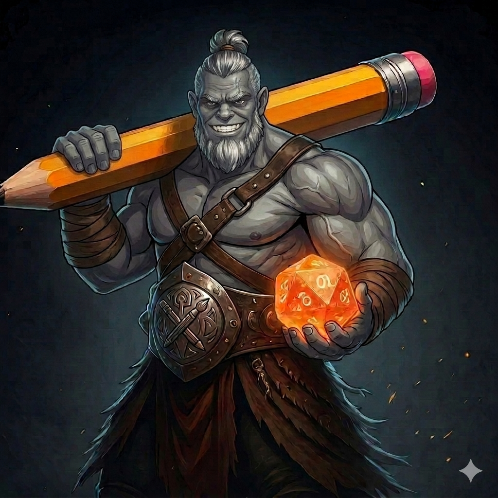 Orc scribe with a giant pencil and a glowing d20