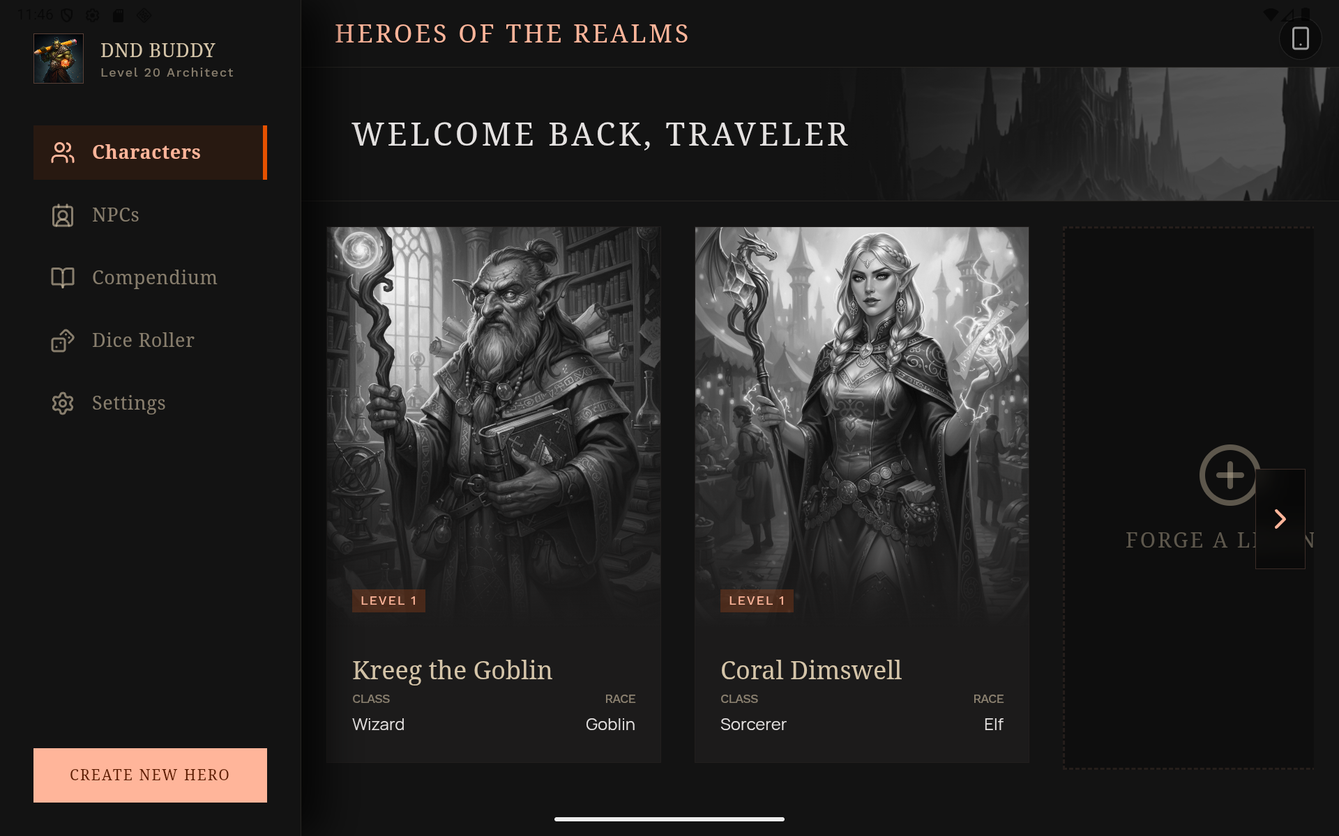 Digital interface showing character sheet details